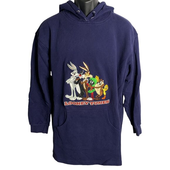 Vintage 90s Embroidered Looney Tunes Sweatshirt L Blue Hoodie Pocket Warner Bros